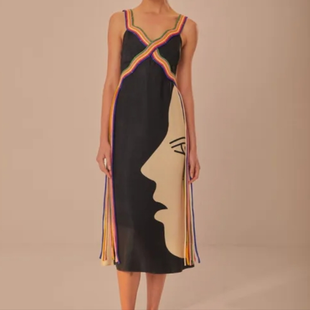 FARM Rio Multicolor Surreal Sleeveless Midi Dress Fringe Sm NTW